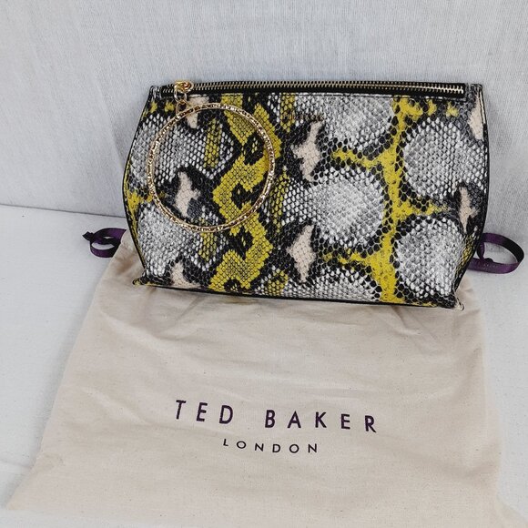 Ted Baker Handbags - Ted Baker Large Clutch Wristlet Python Snake Leather Green Black Grey